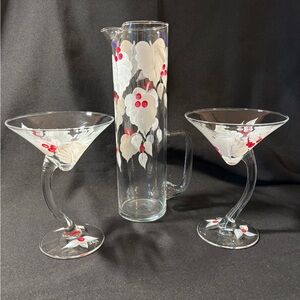 Clear Cherry Blossom Martini Glass and Pitcher Set Hand Painted One of a Kind!